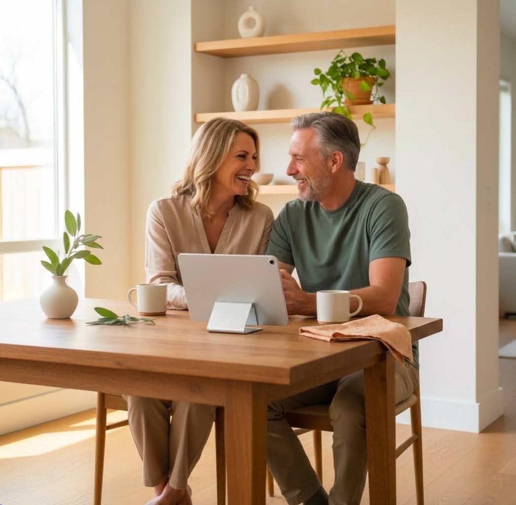 Couple smiling together at a tablet over coffee at a kitchen table